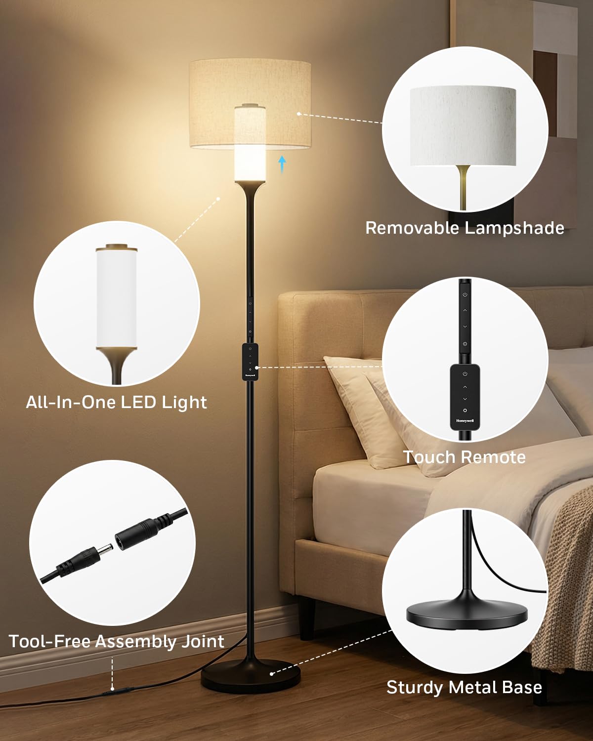 Honeywell F3 Sunturalux™ LED Floor Lamp, CRI≥92 Eye-Care Standing Lamp, Remote & Touch Control, 2700K-5700K Dimmable Tall Lamp with Magnetic Fabric Shade for Living Room Bedroom