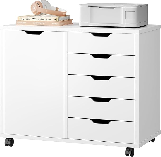 5-Drawer Rolling File Cabinet with Shelves & Door