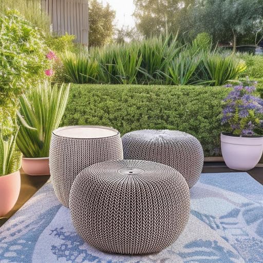Keter Urban Knit Pouf Ottoman Set of 2 with Storage Table for Patio and Room Décor - Perfect for Balcony, Deck, and Outdoor Seating, Grey & White