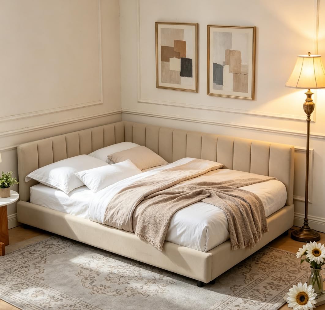 Bellemave Full daybed, Full Corner Bed, Upholstered Sofa Bed Frame with Comfortable Backrest and Armrests for Kids,Teens,Adults, Velvet, Beige