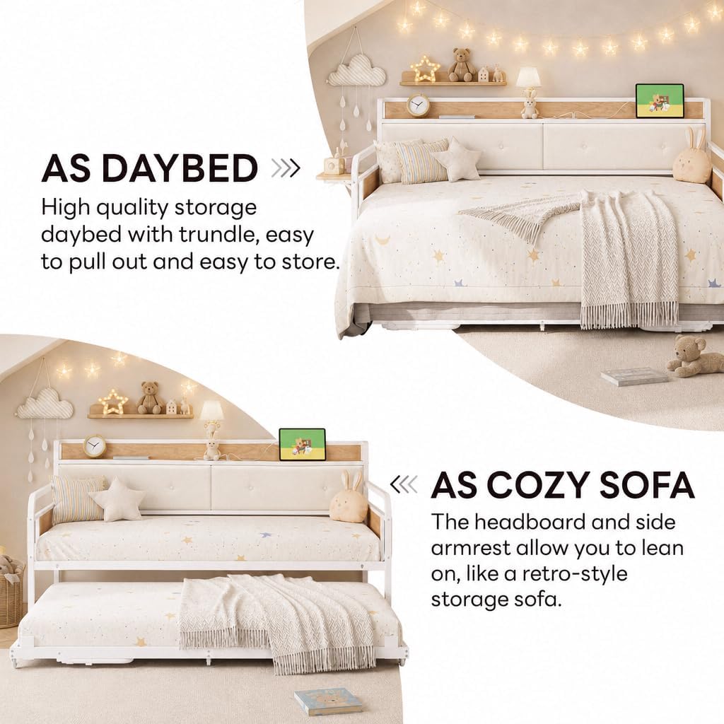 LIKIMIO Twin Daybed with Trundle, Twin Bed with Charging Station, White