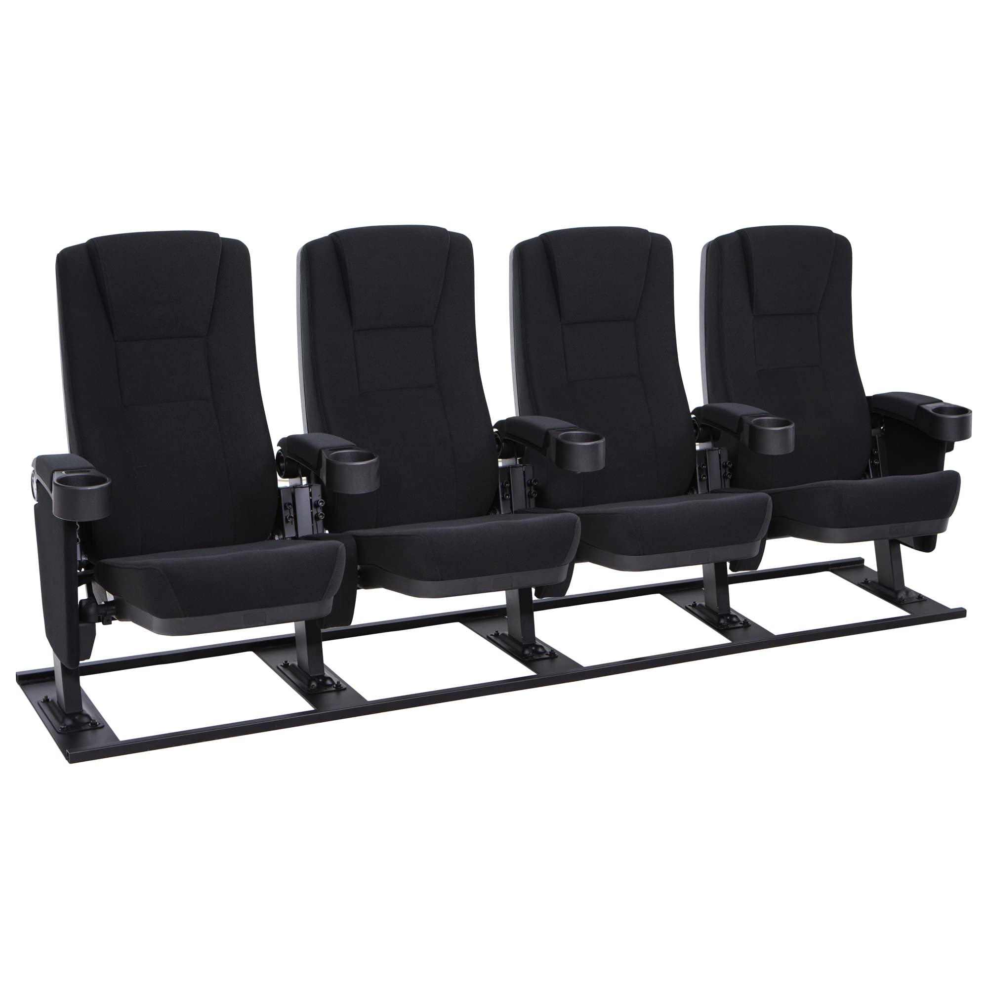 Seatcraft Zenith Movie Theater Seating, Fabric, No-Drill Free-Standing Base, Rocker Recliner, Flip-Up Armrests w/Cupholders, Gravity Lift Seat Surface, Row of 4, Black