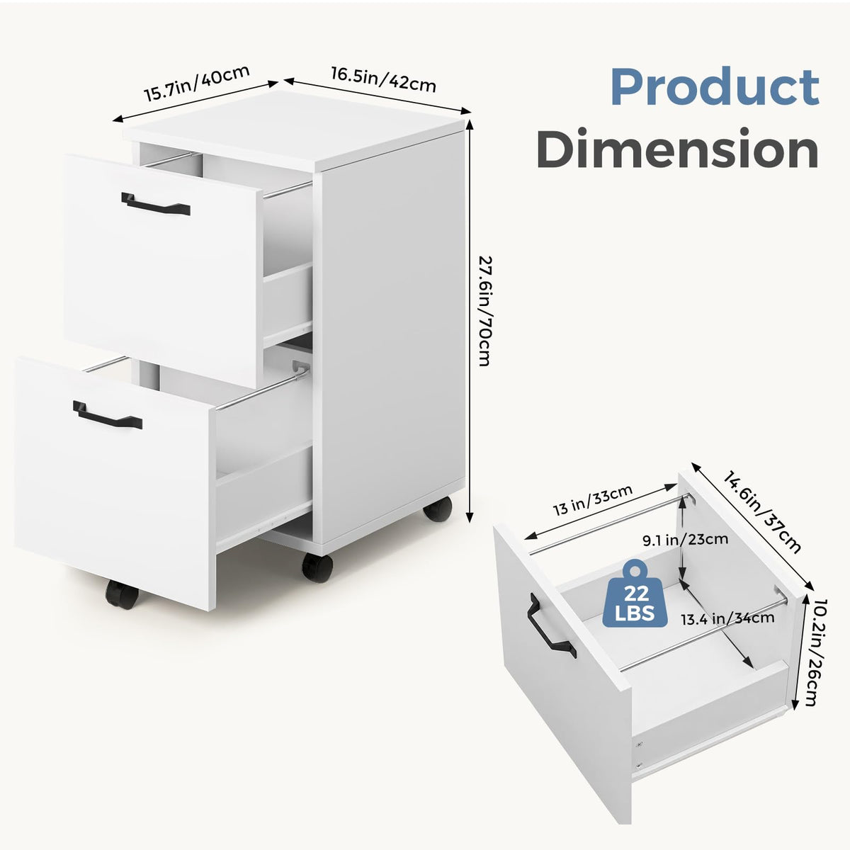 DUMOS 2 Drawer Mobile File Cabinet, Small Under Desk Storage Cabinet, White