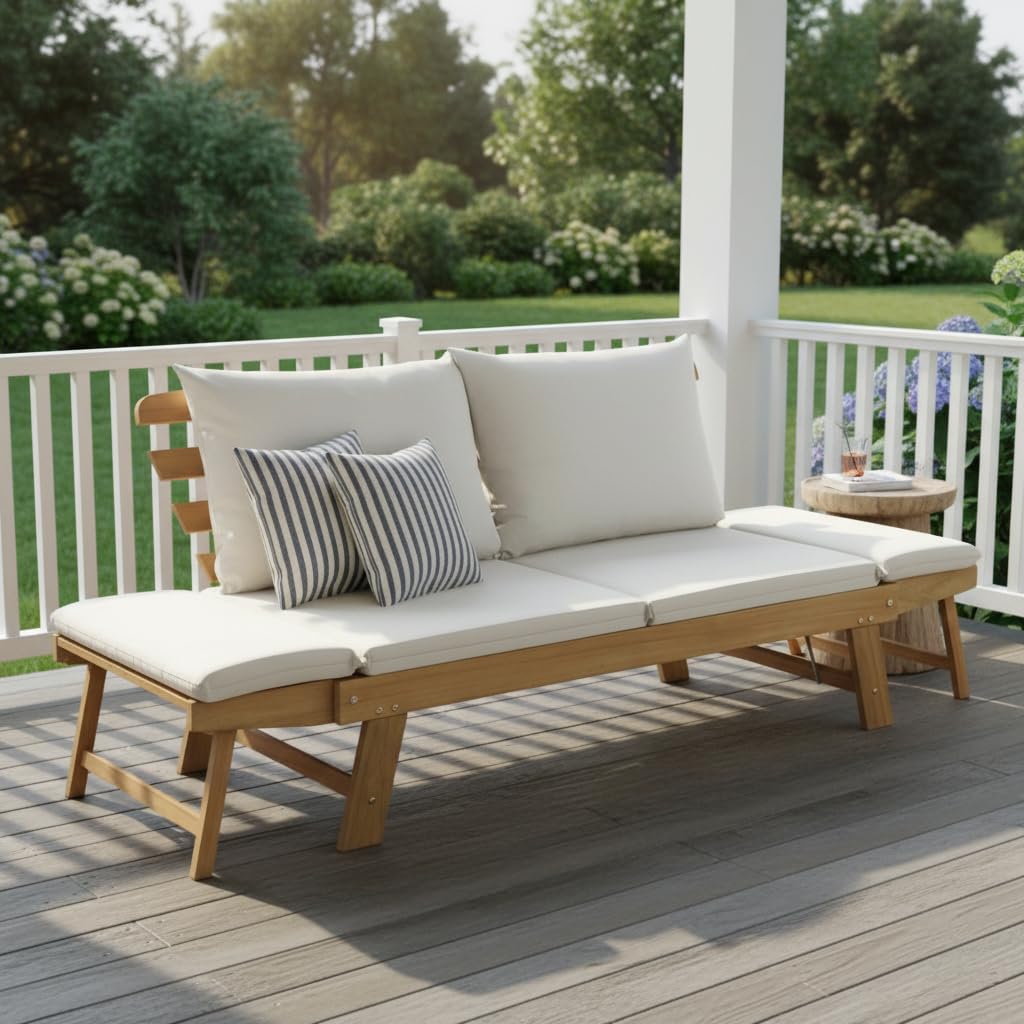 Acacia Wood Outdoor Daybed with Adjustable Armrests & Cushions
