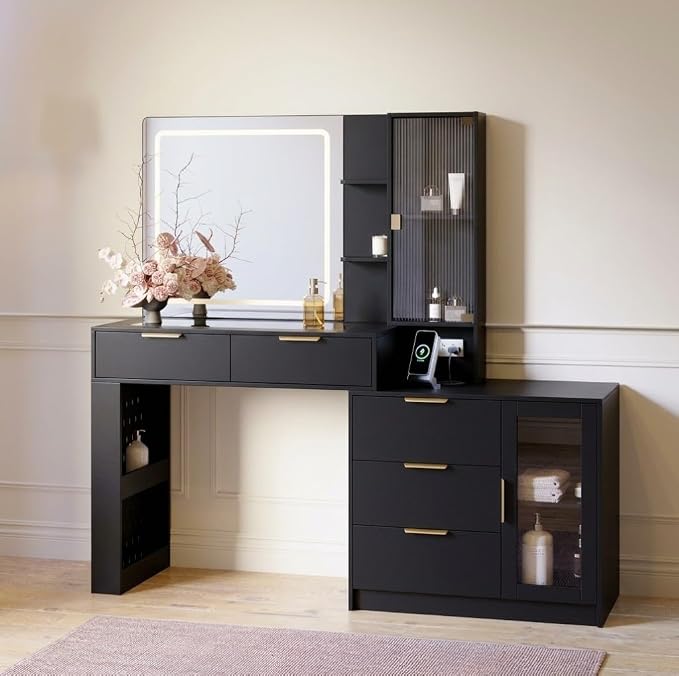 Glass-Top Makeup Vanity with LED Mirror