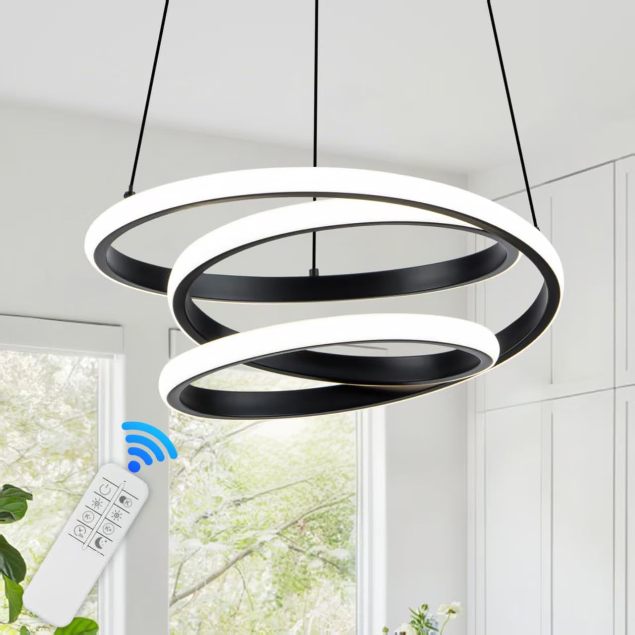 Mayful 13.78 inches Black Modern Chandelier with Remote Control, 3 Rings 3-Color Dimmable Led Chandeliers, Height Adjustable Living Room Chandelier for Dining Room, Entrance, Foyer