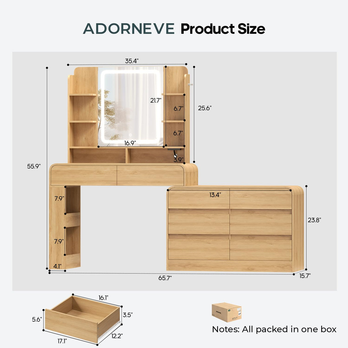 Vanity Desk with Mirror & Lights, 8 Drawers & Charging Station, Natural