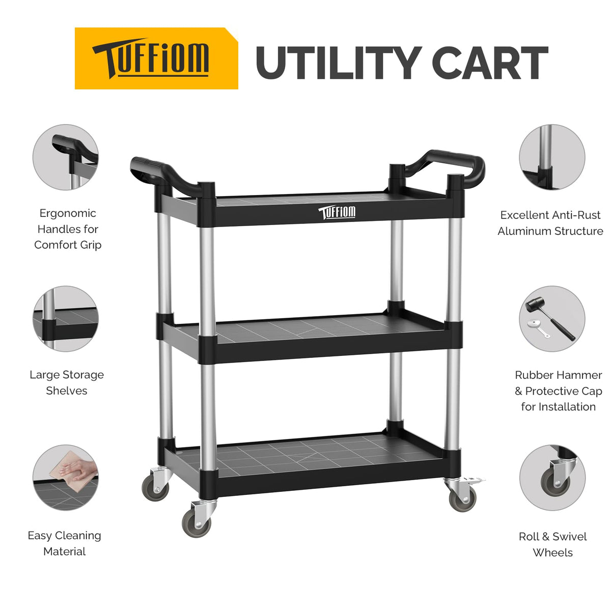 3-Tier Commercial Utility Cart with Wheels, Heavy Duty Rolling Plastic Service Cart, 390 lbs Capacity for Foodservice, Restaurant, Cleaning, Workplace (33.8'' x 16.5'' x 35.8'')