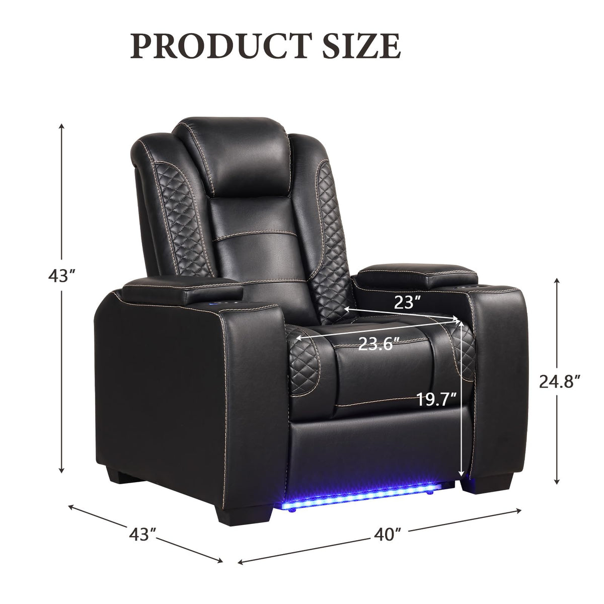 EBELLO Power Home Theater Seating, Electric Gaming Recliner Chair with Adjustable Headrest, Faux Leather Movie Reclining Chairs with Cup Holders LED Lights,USB Port,Hidden Arm Storage, Black