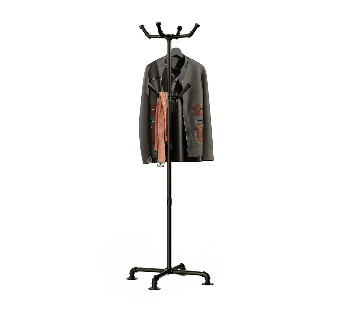 THRONKENGER Industrial Coat Rack,Metal Pipe Coat Rack Stand Freestanding with 6 Hooks,Heavy Duty Coat Tree Sturdy Coat Racks for Entryway, Hallway, Bedroom (Black)