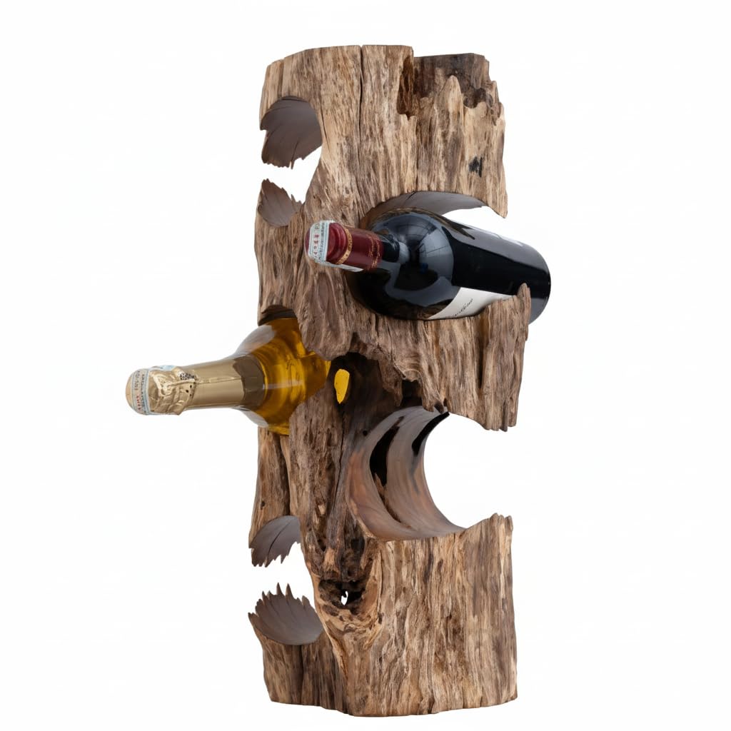 MIDUSO Solid Natural Vitex Pubescens Vahl Wood Wine Rack with Anti-Slip Pads – Rustic Single-Piece Freestanding Countertop Wine Holder – Securely Holds 5 Bottles Without Sliding – 20" x 9" x 7"