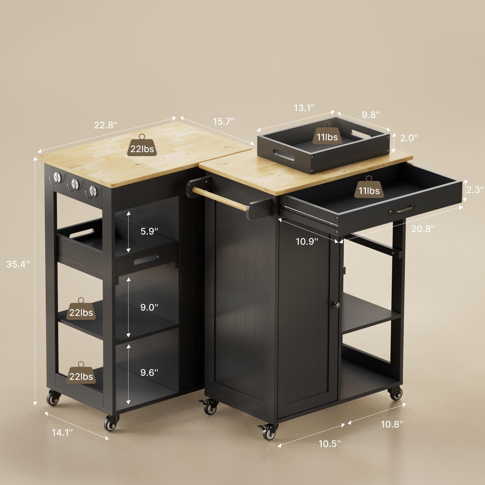 Rolling Kitchen Island Cart with Drawer, Cabinet & Storage Shelves
