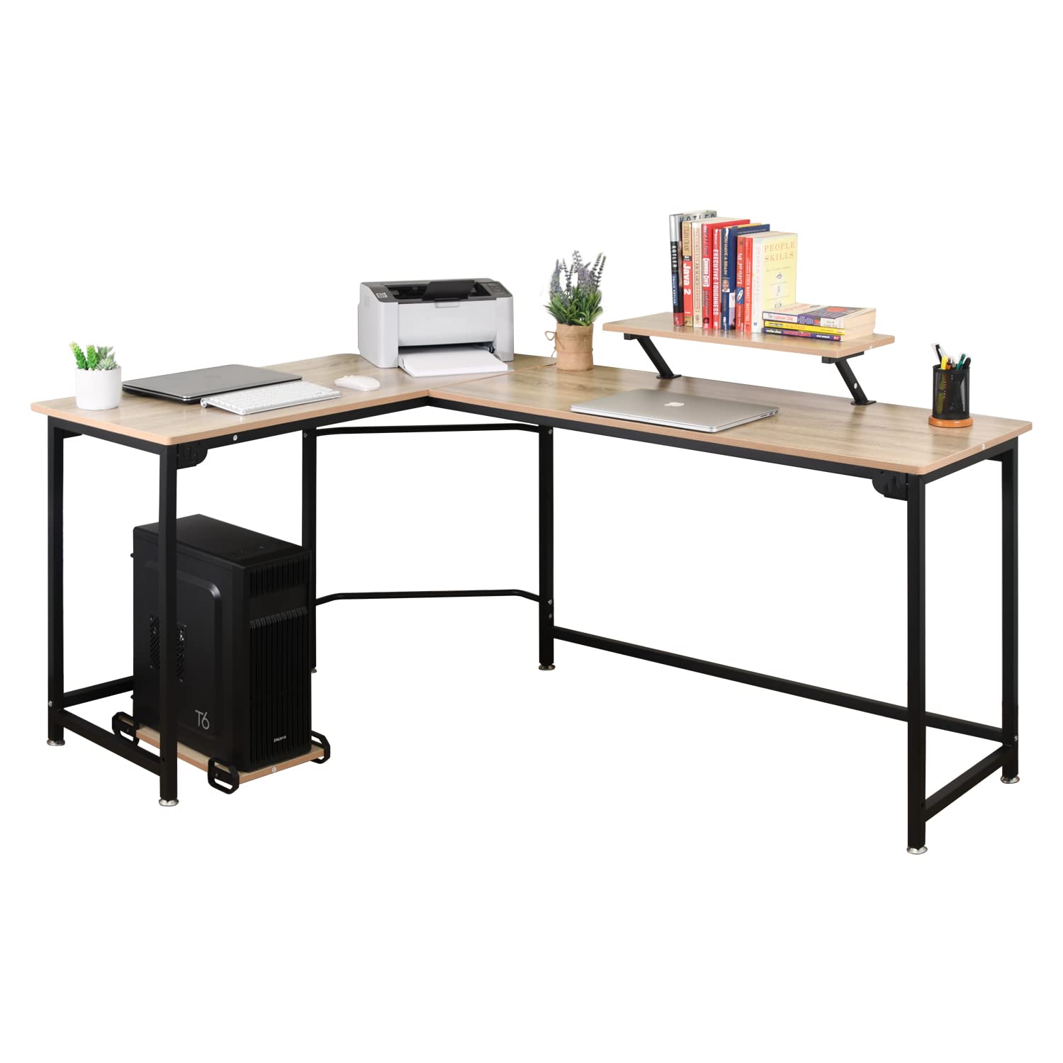 L-Shaped Computer Study Corner Desk with Monitor Stand Shelf CPU Stand, PC Laptop Gaming Desk 66” Workstation for Home Office Writing Table, Wood & Metal, Space-Saving