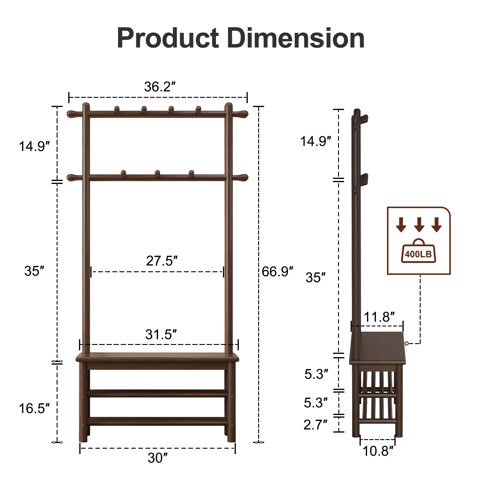 Solid Wood Hall Tree with Bench, 11 Hooks & 2-Tier Shoe Storage