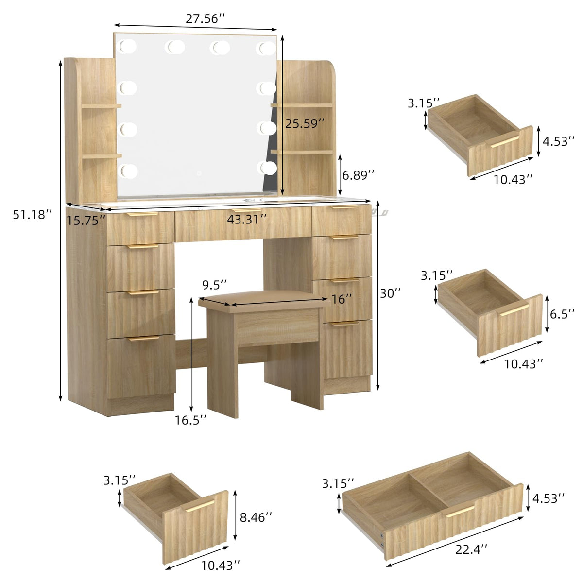 Fluted Glass-Top Makeup Vanity