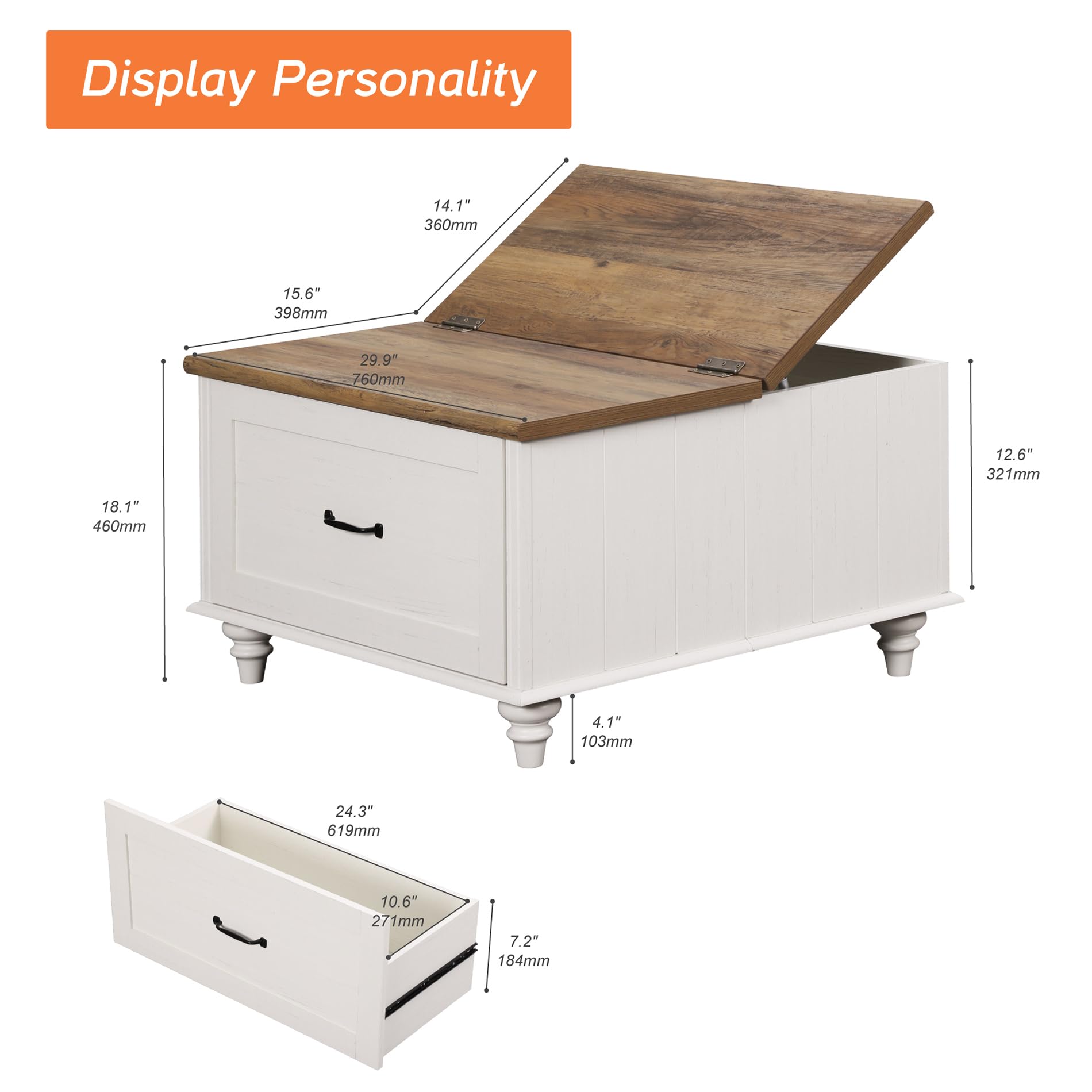 WAMPAT Farmhouse Lift Top Coffee Table with Storage Cabinet, Square Coffee Table with Large Drawer, Wooden Center Table for Living Room, Home, Office, Off White