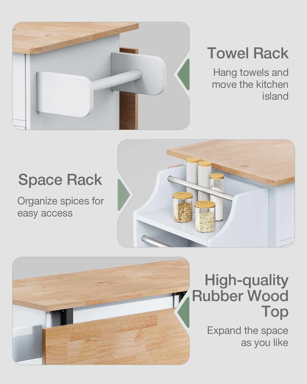 Kitchen Island Cart with Rubber Wood Top, Storage Cabinets & Drawers
