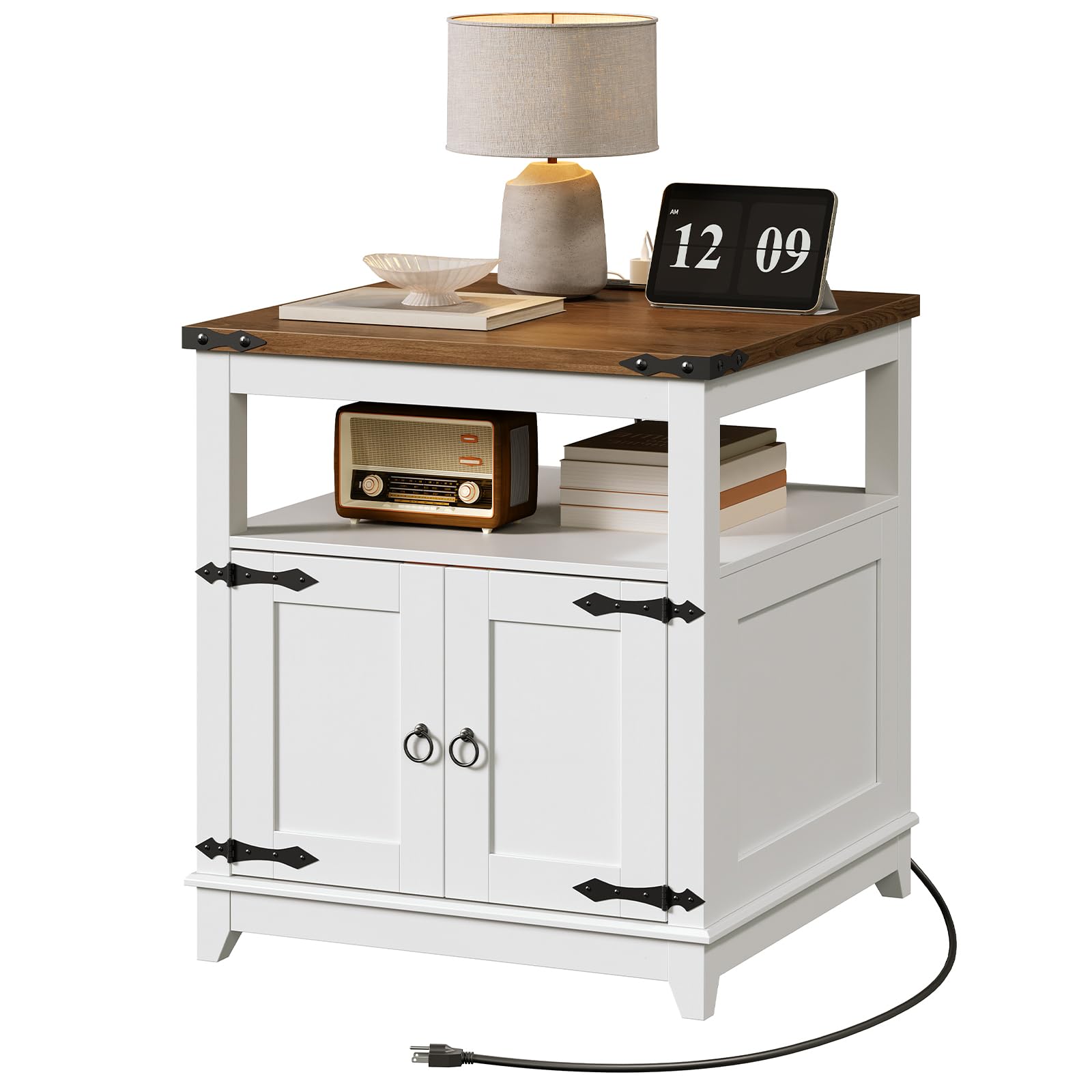 Farmhouse End Table with Charging Station and Barn Door