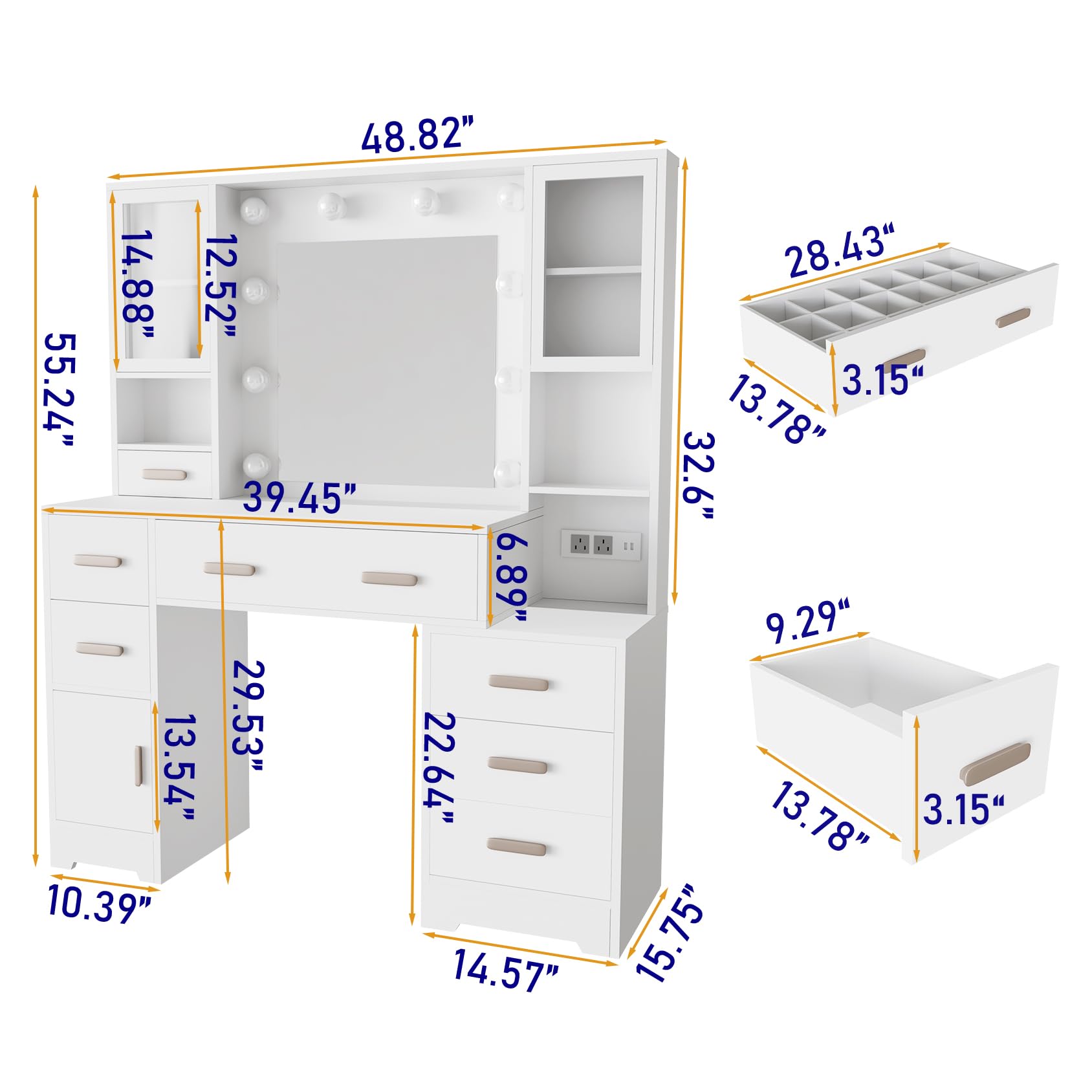 AISALL 48.8" Makeup Vanity, Large Vanity Desk with Mirror and Lights, Makeup Desk with Charging Station, Vanity Dresser with 7 Drawers for Bedroom Dressing Room, for Women, Girls, White