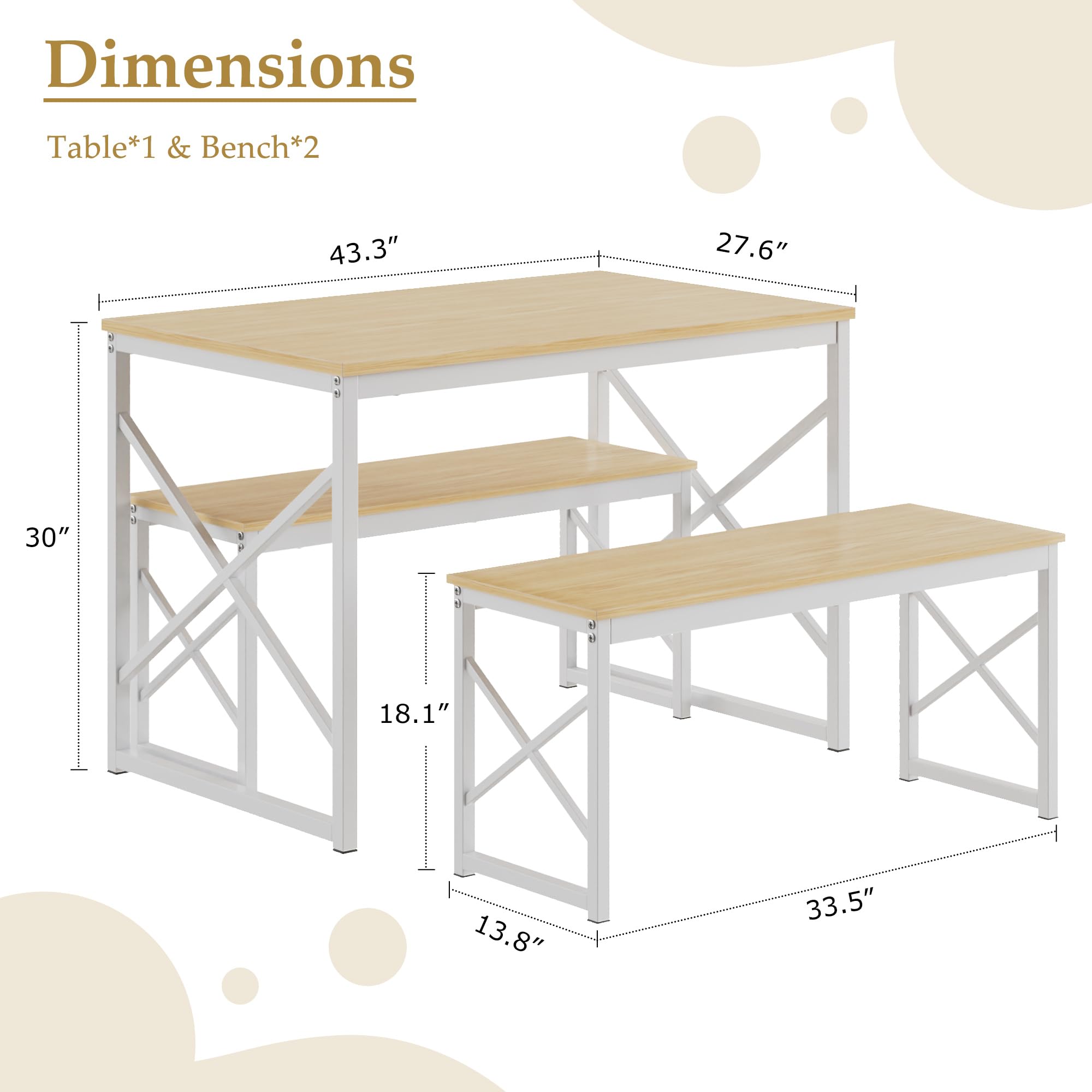 VECELO Kitchen Dining Table Benches Set for 4, 43.3" Wooden Dinette with 2 Benches, Heavy-Duty Dining Room Table for Small Space, Breakfast Nook, Natural Oak