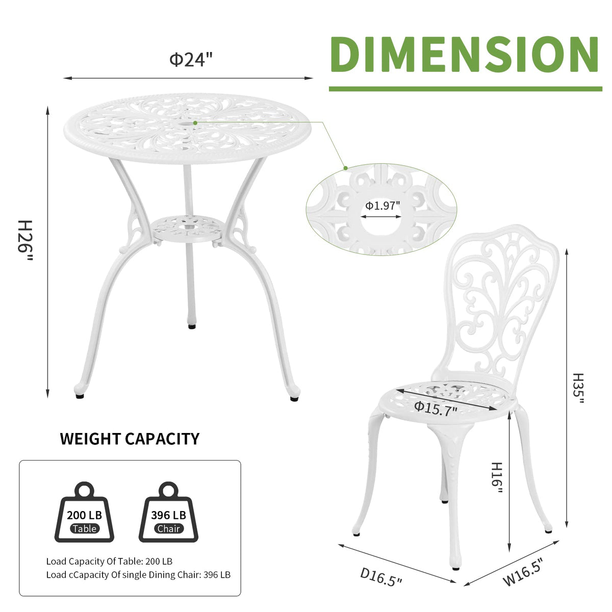 Withniture Bistro Set 3 Piece Outdoor Cast Aluminum Patio Bistro Set with Umbrella Hole, All Weather Bistro Table and Chairs Set, Small Patio Furniture Set for Garden, Porch,White