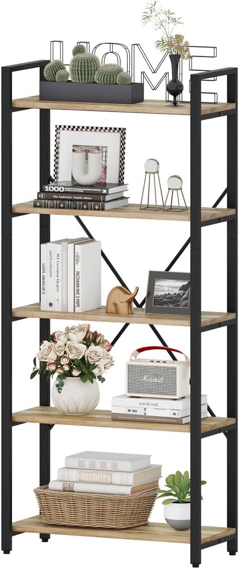 5-Tier Industrial Bookshelf with Metal Frame