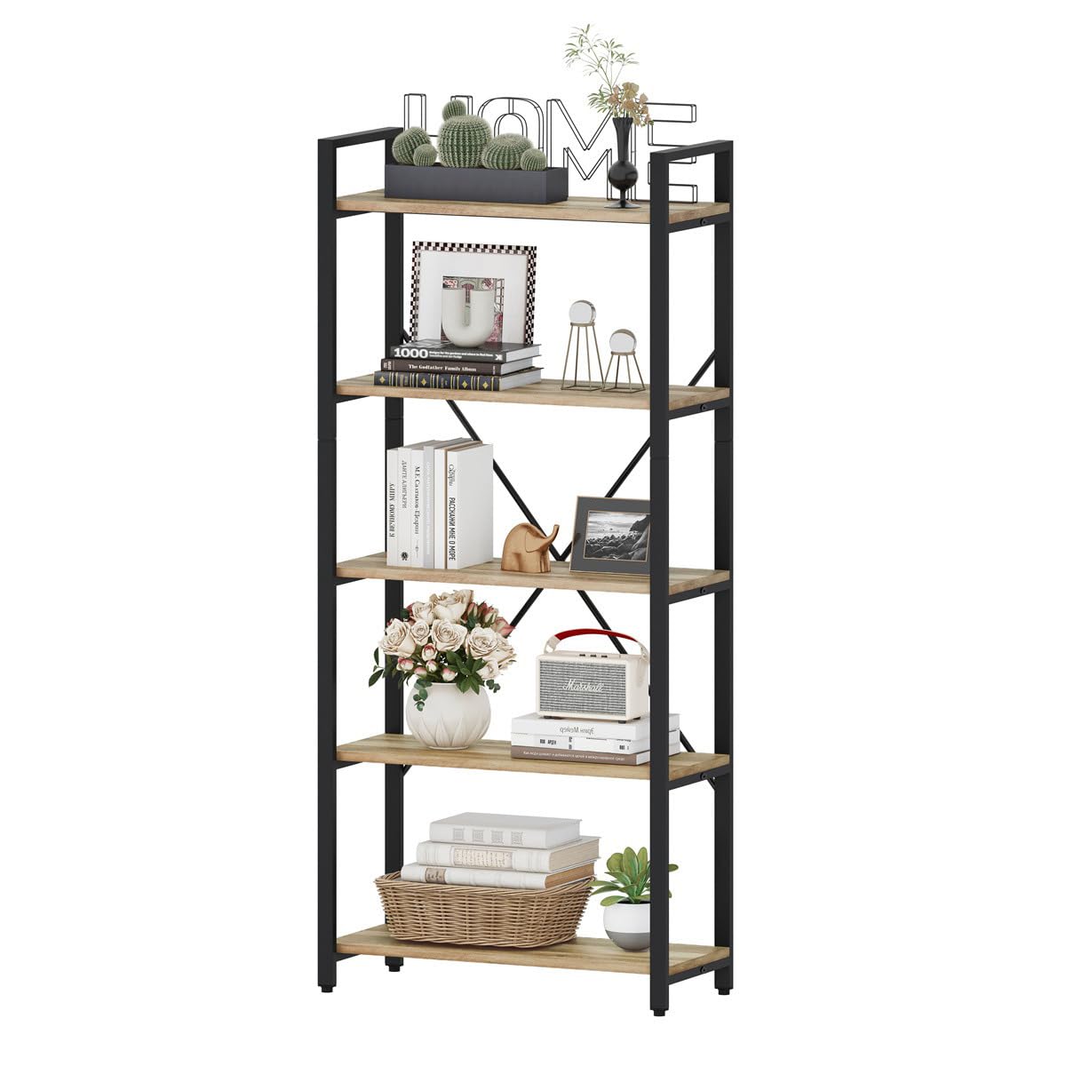 5-Tier Industrial Bookshelf with Metal Frame