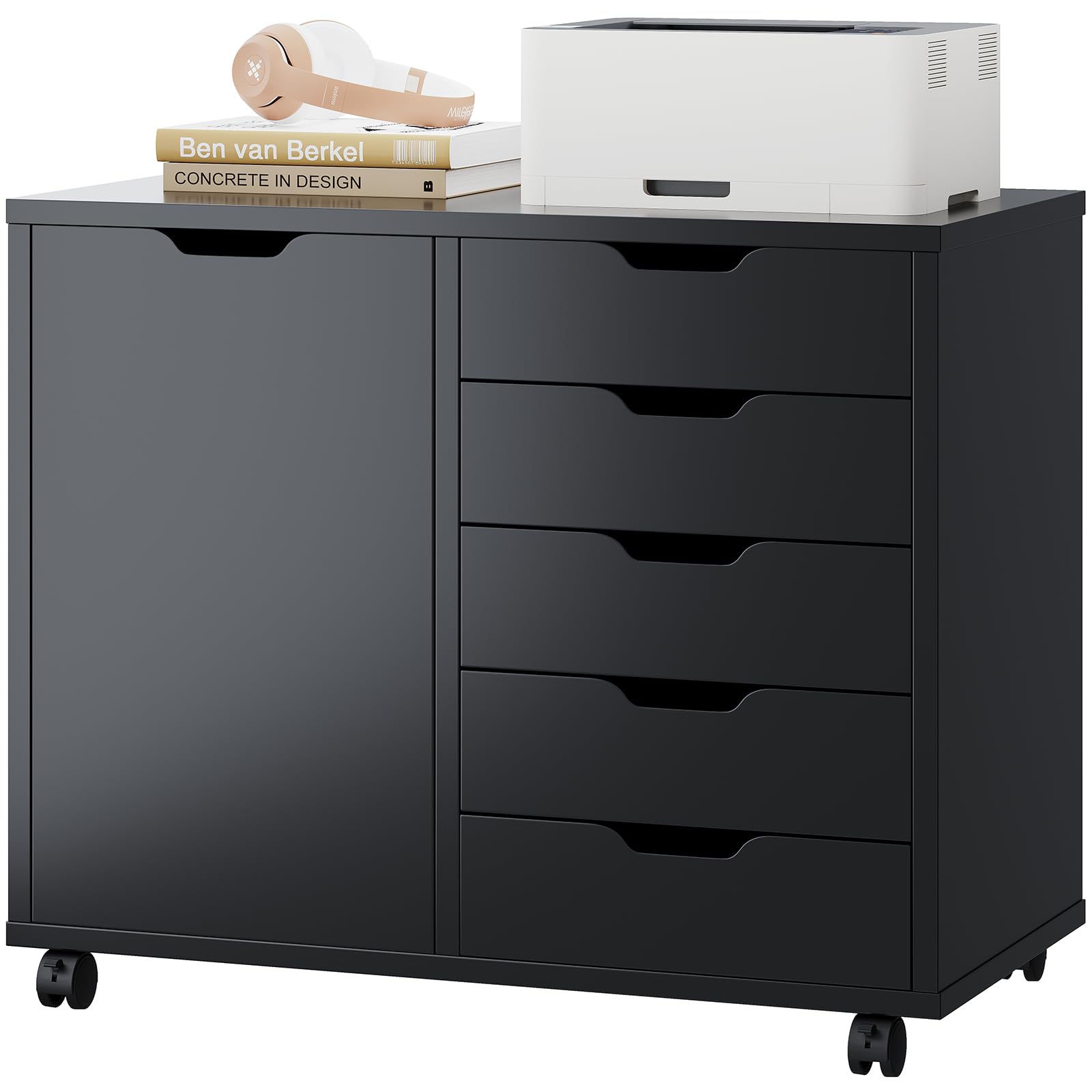 5-Drawer Rolling File Cabinet with Shelves & Door