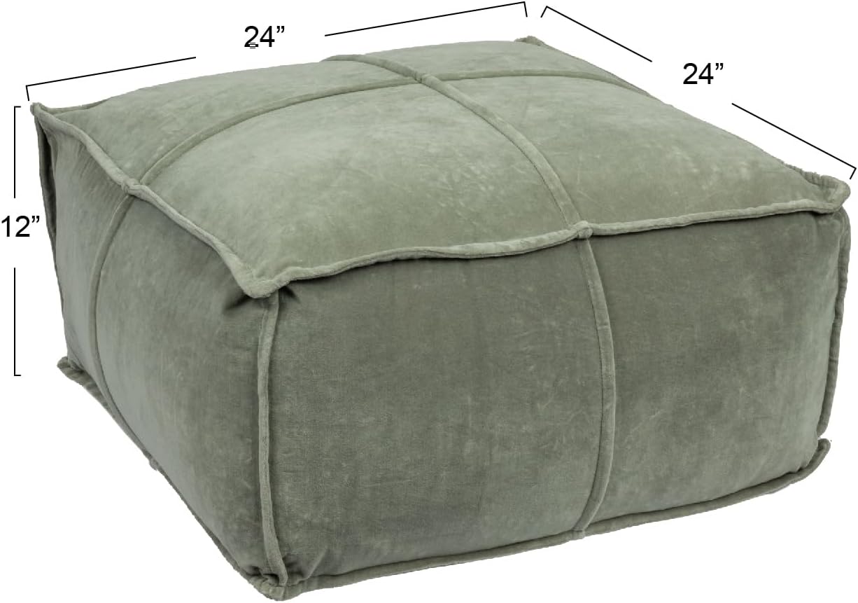 Creative Co-Op Square Cotton Velvet Pouf with Piped Detail, Sage Green