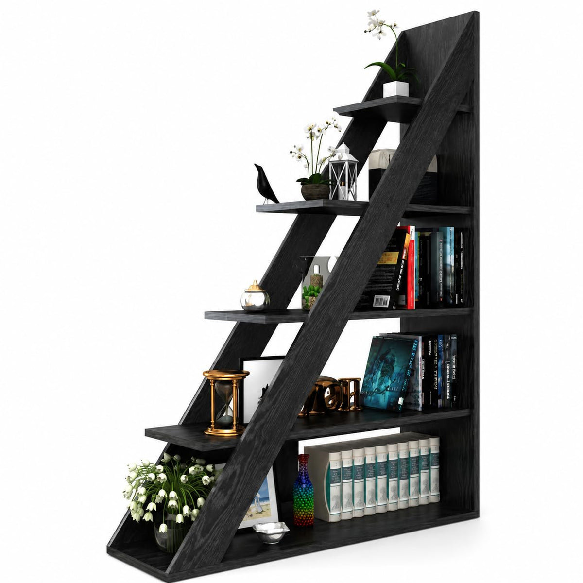 Black 5-Tier Ladder Bookshelf