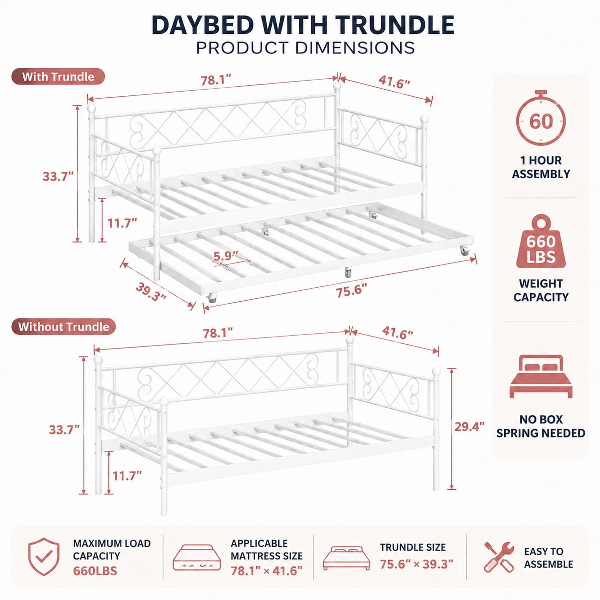 Garvee Daybed with Trundle, Heart‑Shaped Daybed with Trundle, Sturdy Metal Sofa Bed, Heavy-Duty Metal Bed Frame Support, for Living Rooms, Bedrooms, and Guest Rooms, Easy Assembly