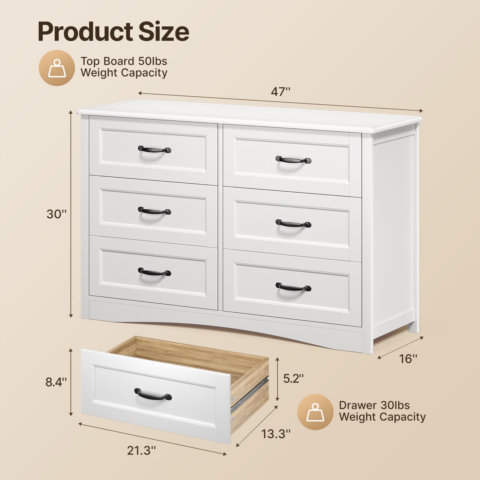 Gizoon 6 Drawer Dresser for Bedroom，47'' Larger Chest of Drawers with Mental Handle for Kids Room, White Dresser with 6 Storage Drawers for Living Room, Entryway and Hallway, White