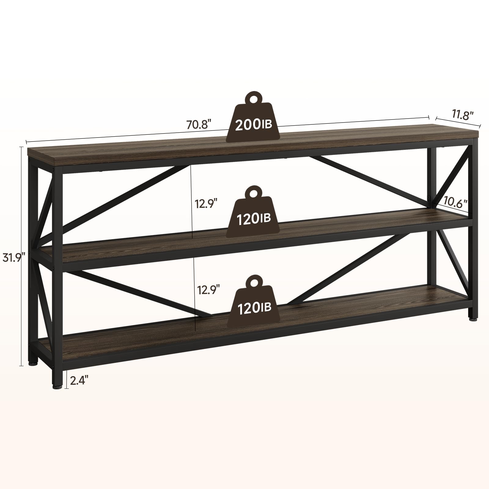 ONBRILL Industrial Console Sofa Table,70.8 Inch Extra Long Entryway Table with 3 Tier Wood Storage Shelf for Living Room, Hallway, Entrance, Narrow Sofa Table with Metal Frame, Black and Brown