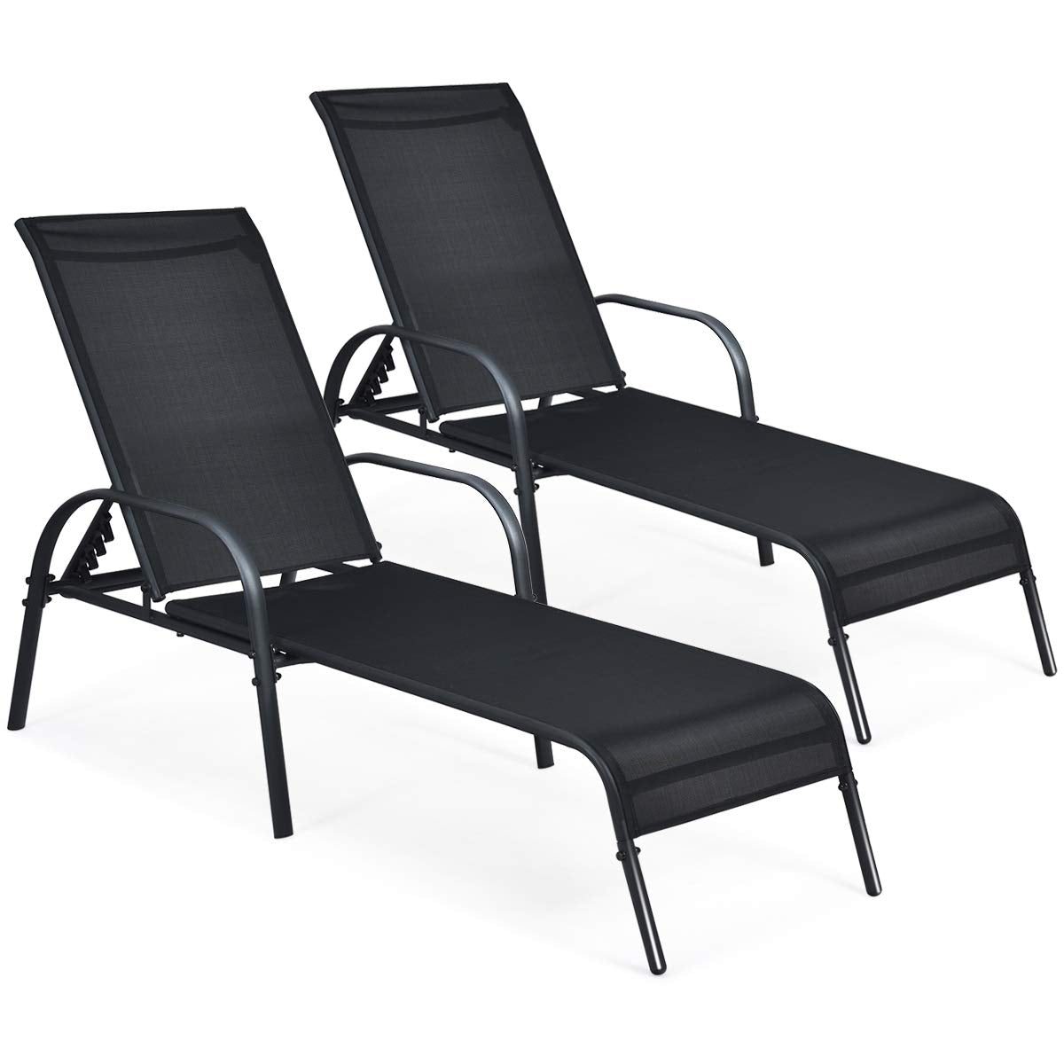 Giantex 2 Pcs Chaise Lounge Chair, Adjustable Reclining Lounge Chairs Patio Furniture, Backyard Lawn Sling Chaise w/Adjustable Back, Folding Recliners for Outdoor Beach Yard Pool (Black)