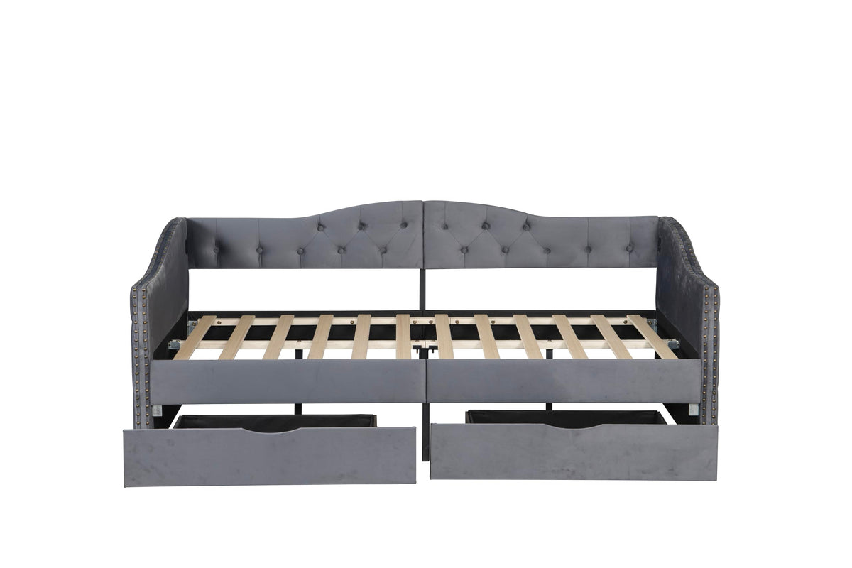 KEIKI Full Size Daybed with 2 Drawers & USB Charging Port, Upholstered Velvet Captains Bed Frame with Storage for Bedroom/Guestroom/Dorm, Gray