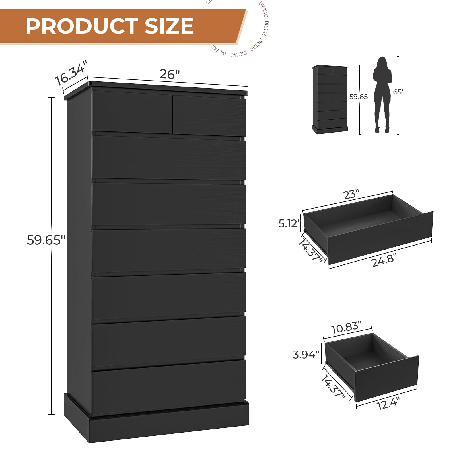 DICTAC Black Tall Dresser for Bedroom with 8 Drawers, 59.6" Tall Dressers & Chests of Drawers, Modern Wood Closet Organizer and Storage Cabinet, Large Vertical Dresser for Bedroom, Closet, Hallway