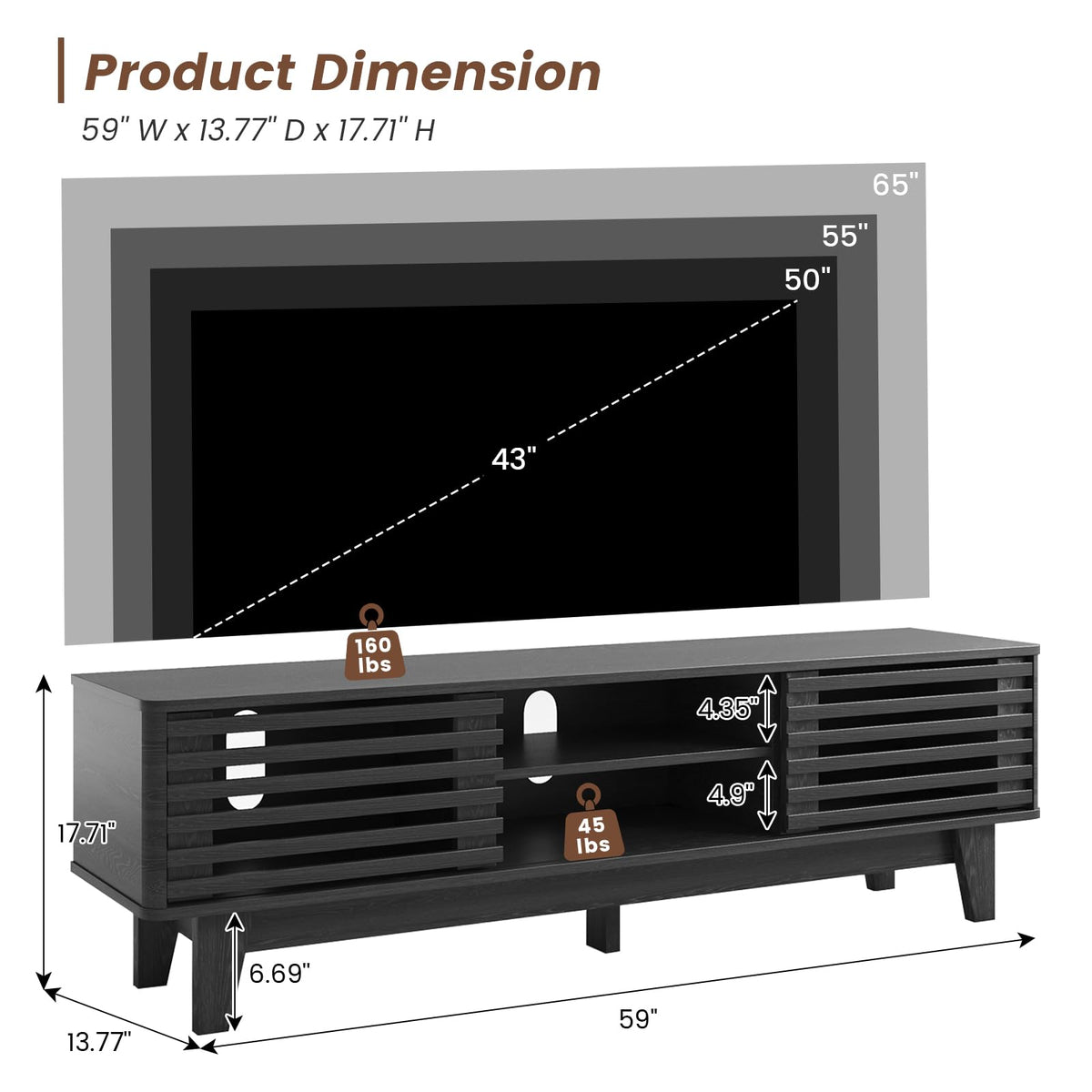 Luoxiao TV Stand with Storage, 59" Modern Black Wood Entertainment Center