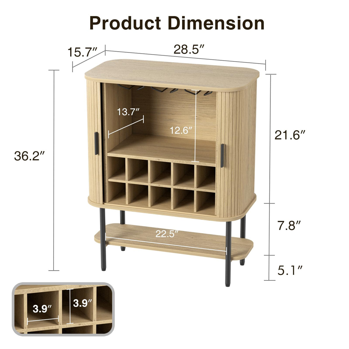 Coffee Bar Cabinet with Storage, Fluted Wine Cabinet with Sliding Doors