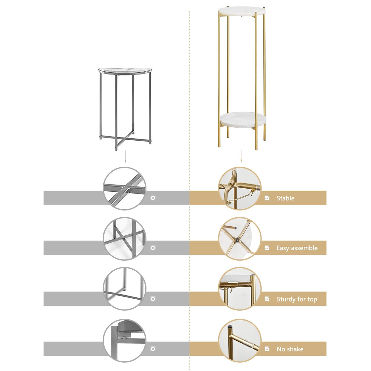 ALPOME Gold Plant Stand Indoor Tall - 2 Tier White Marble Top Side Table, 29.5 Inch Modern Round Metal End Table for Living Room Corner, Small Bedside Tables for Entryway & Bedroom (11x11, Gold)