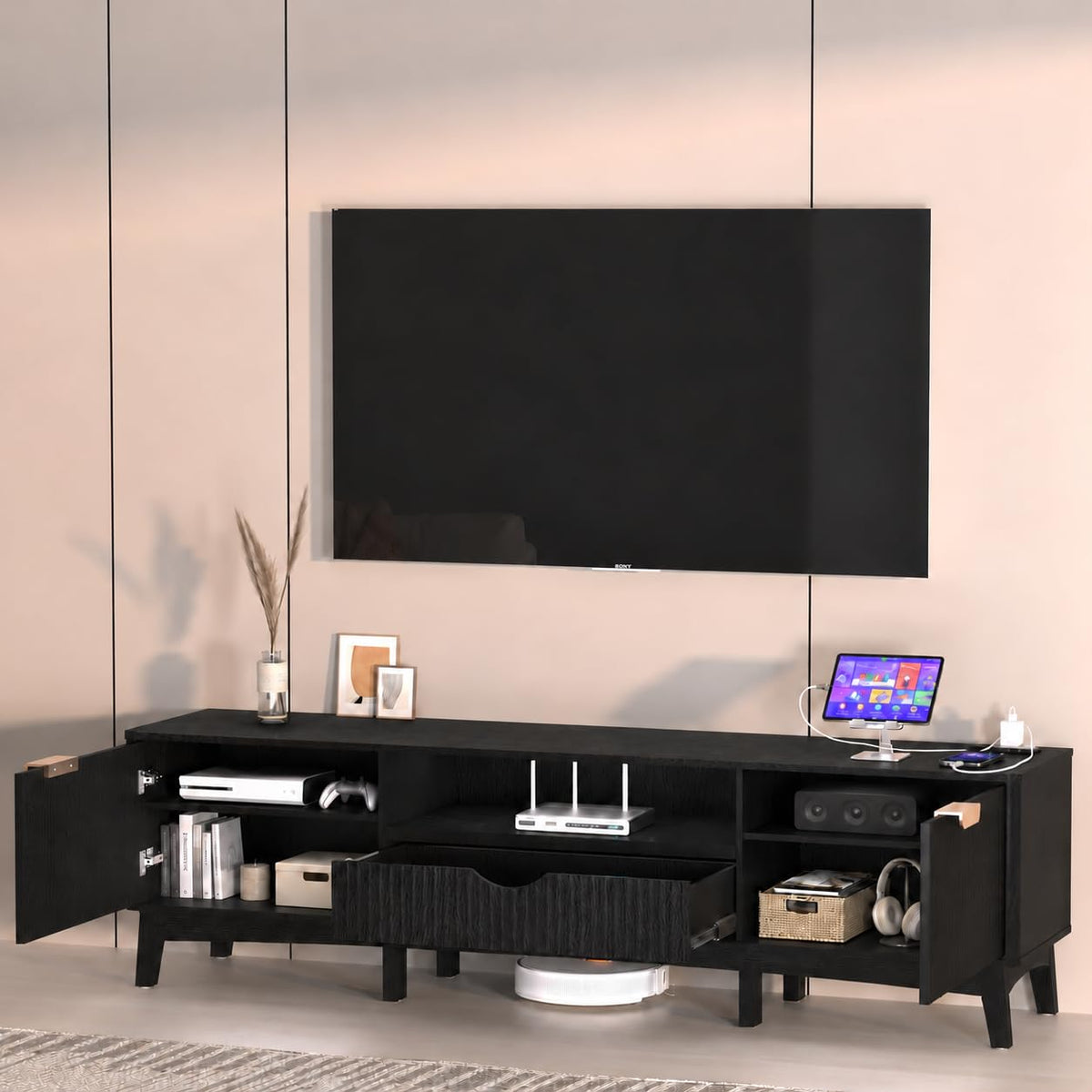Ball & Cast 70" Black TV Stand for Bedroom W/ Power Outlet,for 80" TV