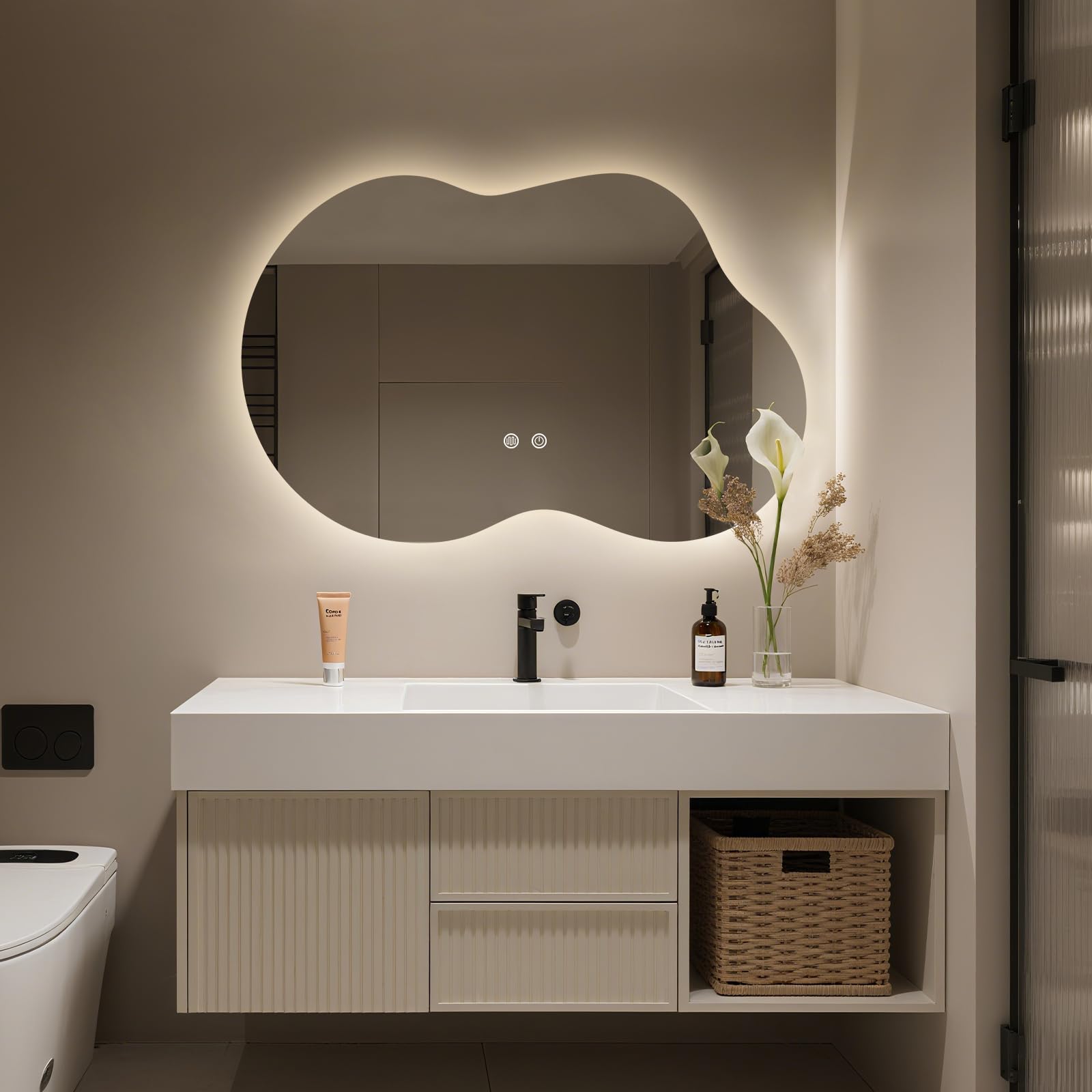 WallBeyond 36"x24" Irregular LED Bathroom Mirror with Lights, Asymmetrical Backlit Vanity Mirror for Powder Room or Makeup Area, Dimmable & Anti-Fog, Dual Mounting