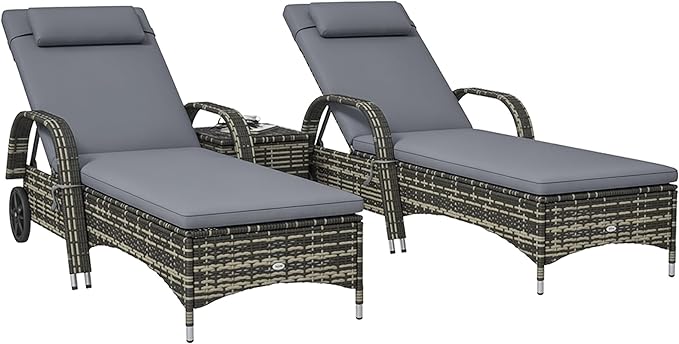 PE Rattan Chaise Lounge Chair Set of 3 with Side Table