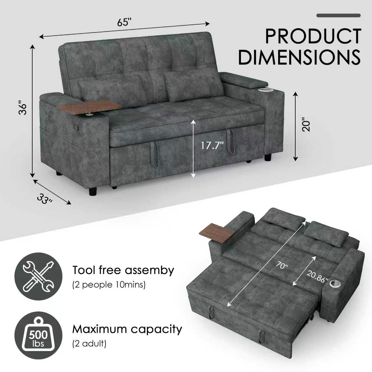 Convertible Sleeper Sofa Bed with USB Charging & Storage