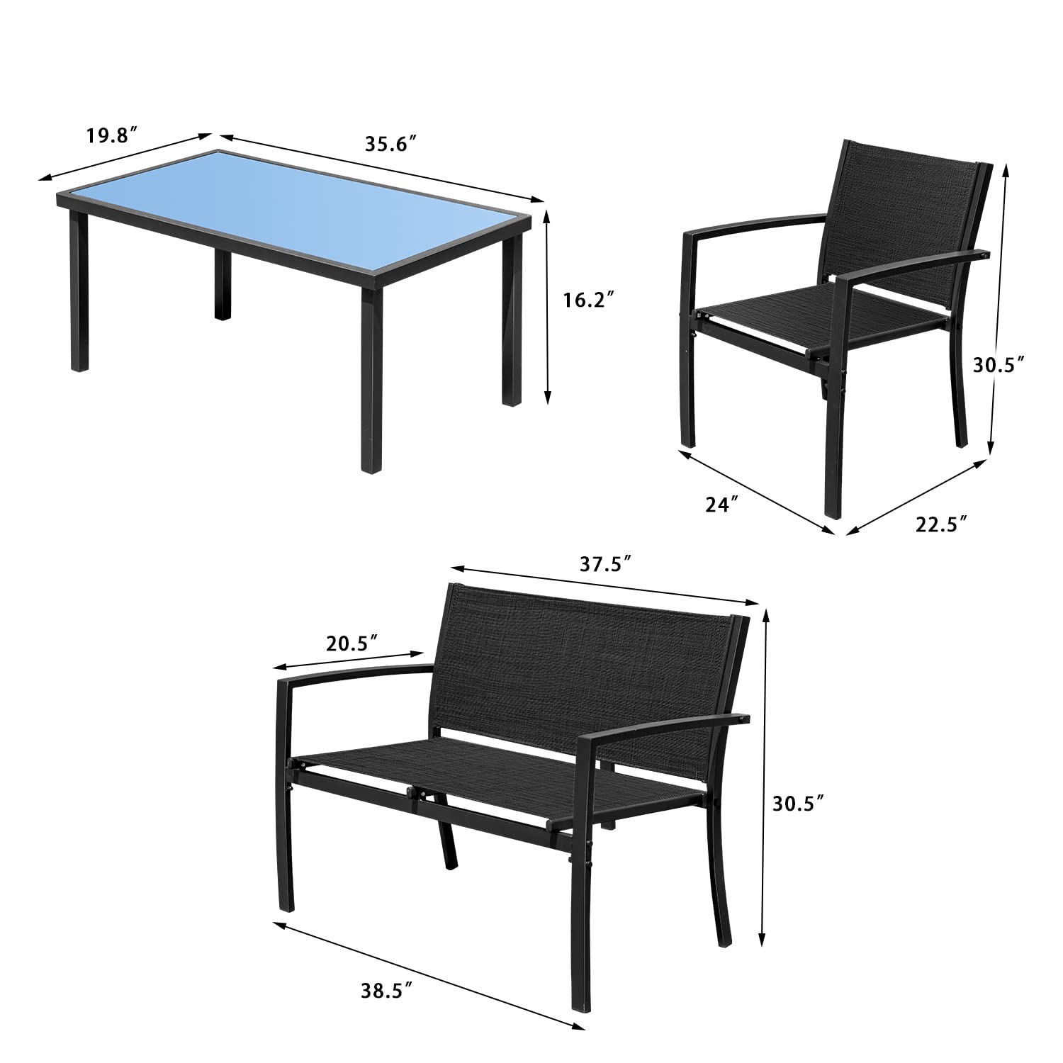 4-Piece Patio Conversation Set with Glass Coffee Table