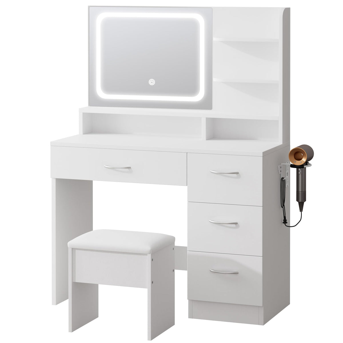 LIVELYGLOW White Makeup Vanity Desk with Charging Station & 4 Drawers