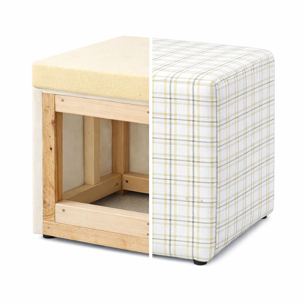 HomePop 19” Square Upholstered Ottoman with Solid & Engineered Wood Frame, Modern Cube Accent Stool for Living Room, Bedroom or Entryway - Natural Plaid Woven Fabric