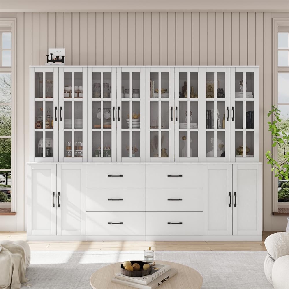 VOWNER Bookcase with Glass Doors, 5-Tier Modern Bookshelf with Large Drawer, Glass Display Cabinet with Large Storage Shelf, Combination Storage Cabinet for Home Office, ABCDE (White)