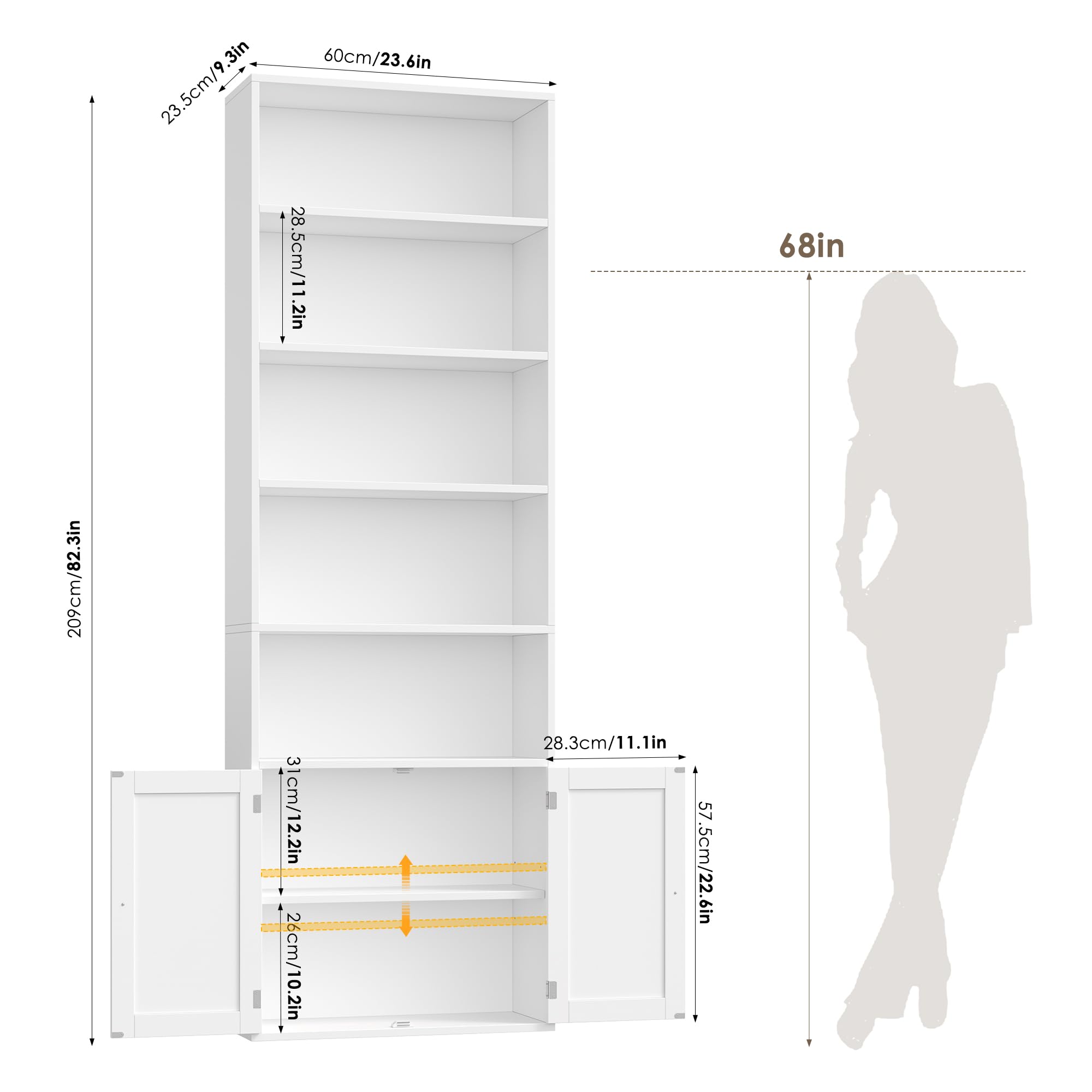 FACBOTALL 82" Tall Bookcase and Book Shelf, 24" Wide Bookshelf with Doors, 7 Tier Bookcase with Storage and Adjustable Shelf, Open and Display Farmhouse Bookshelf for Living Room, Home Office, White