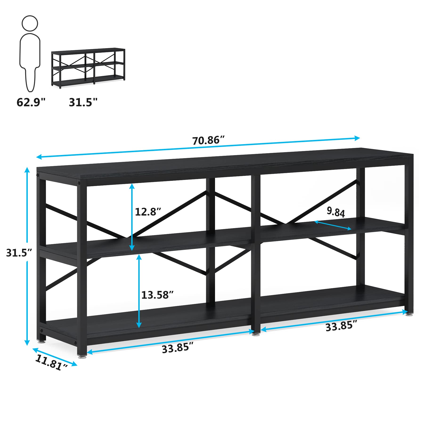 Tribesigns 70.9 Inch Extra Long Console Table, Modern Sofa Table Behind Couch Table with Storage Shelves, 3-Tier Industrial Hallway Entryway Table for Living Room, 3 Shelf Bookshelf(Black)
