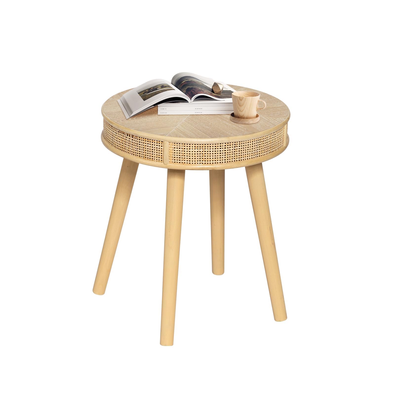 RUSTOWN 2-Piece Farmhouse Coffee Table, Modern Rustic Sofa Side Tea Tables, Solid Wood Finish with Crafted Rattan Side and End Table Sets for Living Room (Natural)